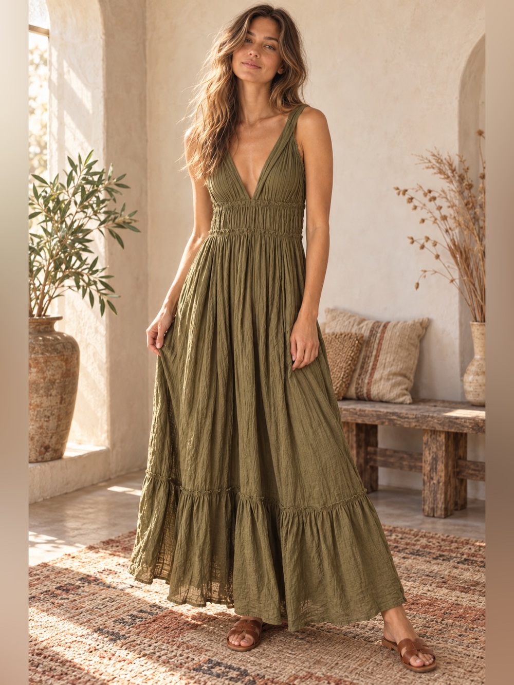 Free People Frankie Pintuck Maxi Dress Olive Green Boho Open Back S
